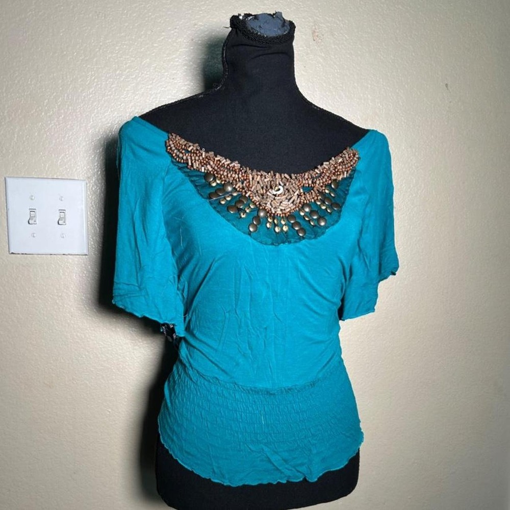 XOXO 2000s Beaded Boho Flutter Sleeve Y2K Top Teal Blue Brown Small
